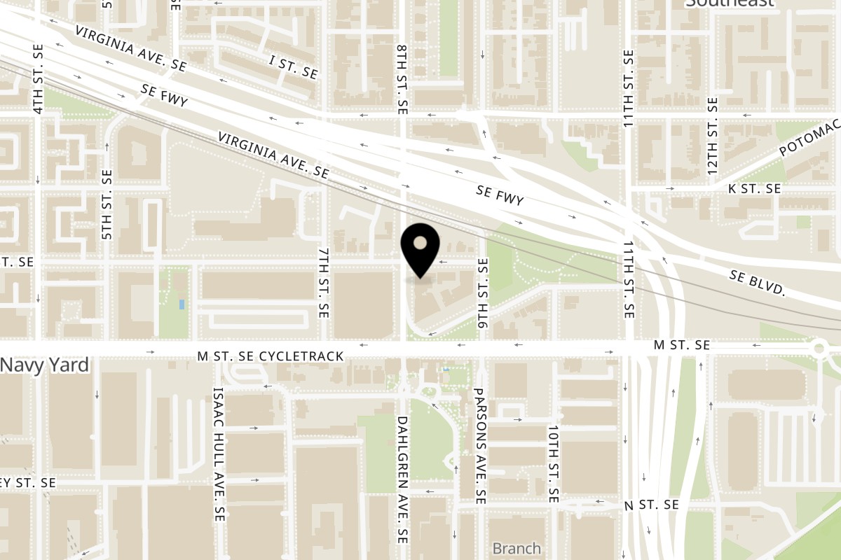Map showing the location of Taco City DC (Navy Yard) on 1102 8th Street Southeast in Washington